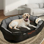 Yellow Labrador lying on black BingoPaw jumbo sofa dog bed in a living room