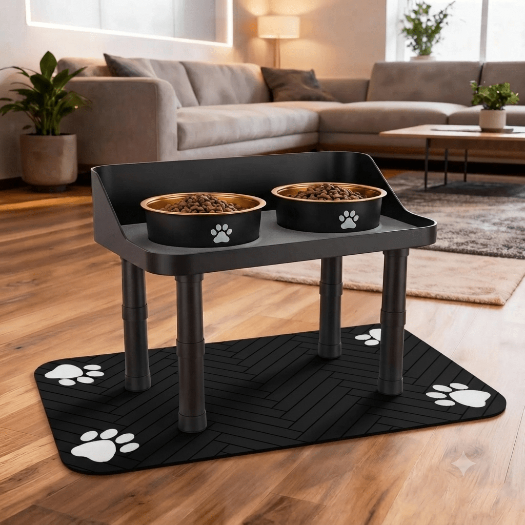 Raised dog feeder set including stainless steel bowls and non-slip mat, living room setting
