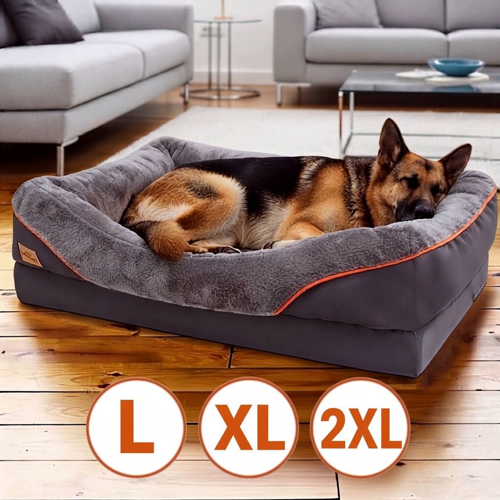 German shepherd lying on gray orthopedic jumbo dog bed, available in L, XL and 2XL