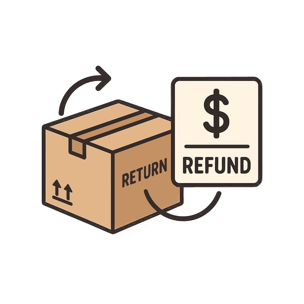A simple line-style illustration of a cardboard box with the word RETURN on the side and a separate card labeled REFUND with a dollar sign, on a plain white background.