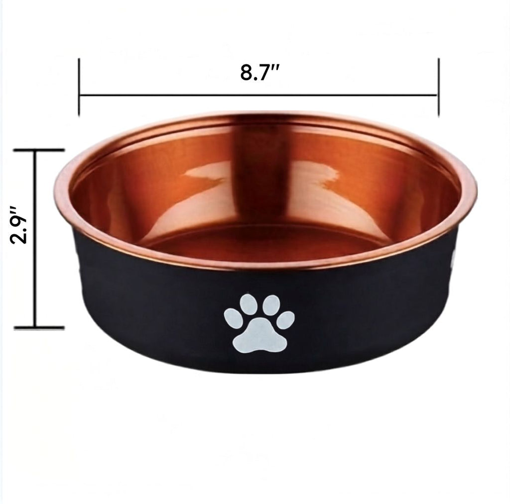 Dog bowl in copper finish, diameter and height shown in inches