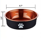 Dog bowl in copper finish, diameter and height shown in inches