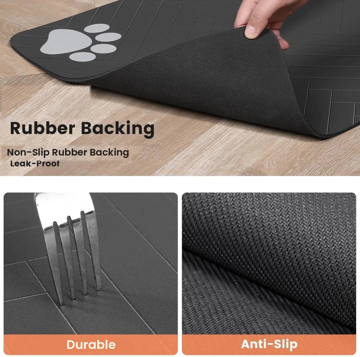 Non-slip rubber backing of the durable pet feeding mat