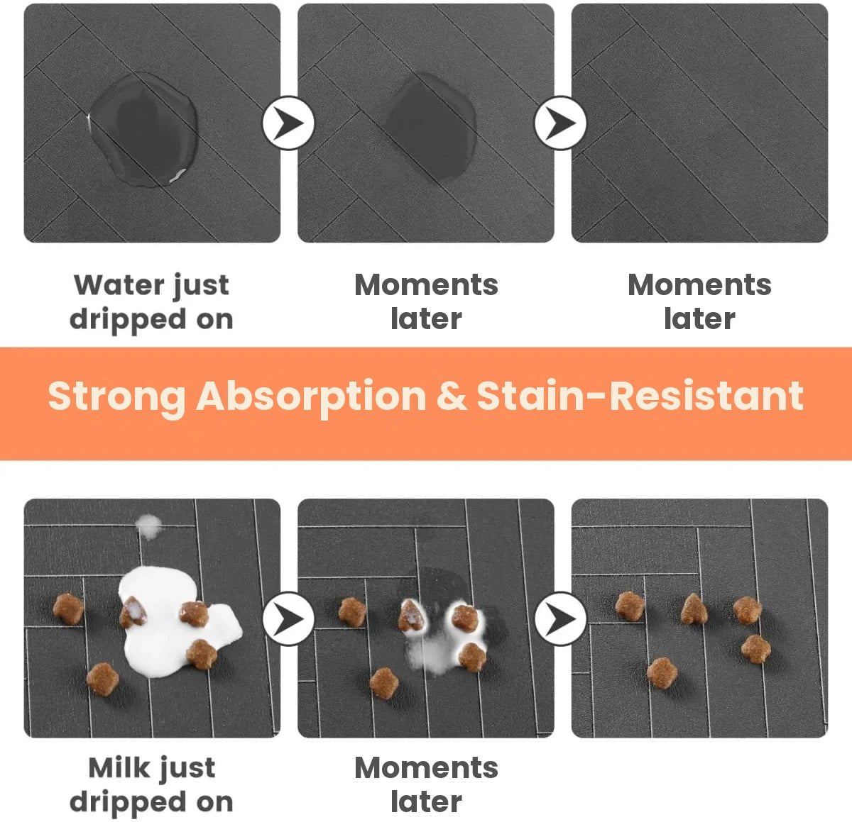 Water and milk absorbed by the pet feeding mat within moments