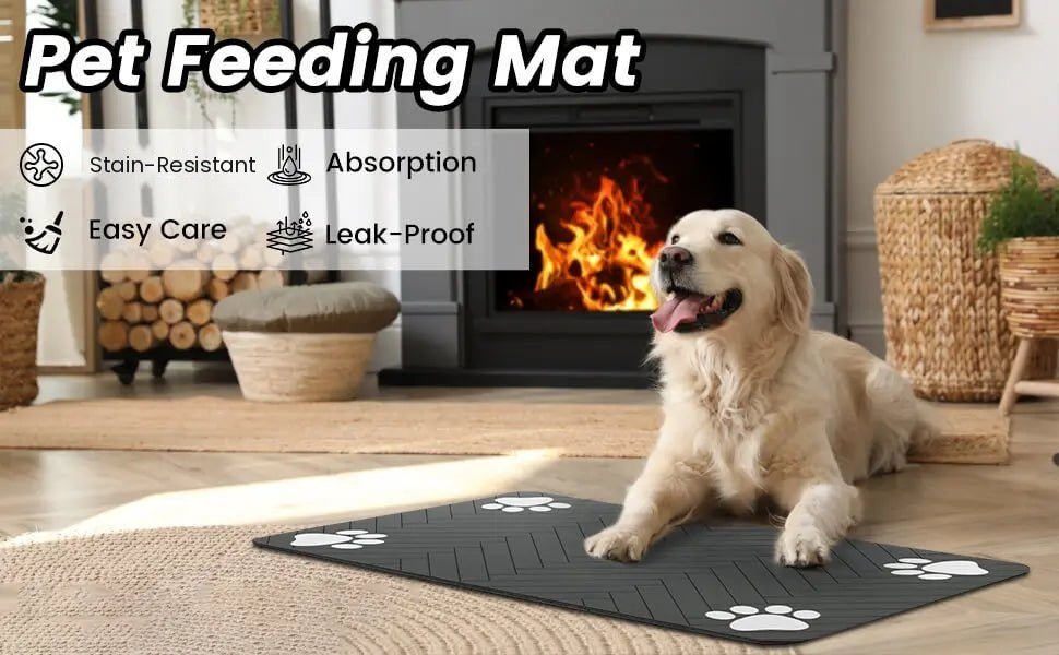 Pet feeding mat with a golden retriever in a living room